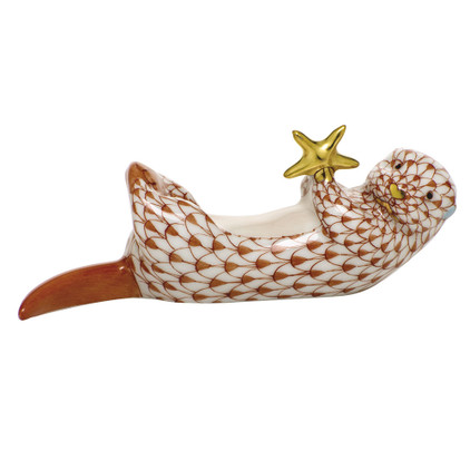 Herend Porcelain Shaded Rust Sea Otter With Starfish 3.75L X 1.25H