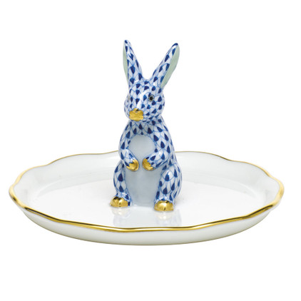 Herend Porcelain Shaded Sapphire Blue Bunny Ring Holder 2.25H X 4D