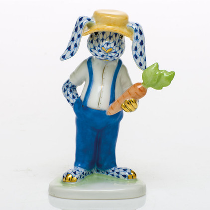 Herend Porcelain Shaded Sapphire Blue Farmer Bunny 1.75L X 3.75H