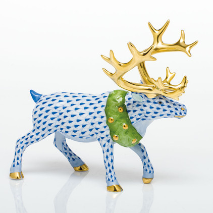 Herend Porcelain Shaded Sapphire Blue Holiday Reindeer 6.5L X 5.75H