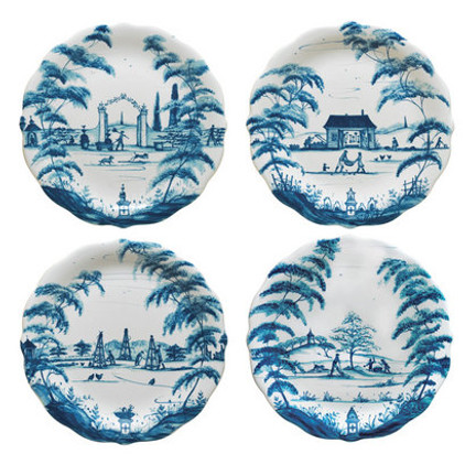 Juliska Country Estate Party Plates Set/4 Spring Gardening Scenes Delft Blue