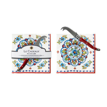 Le Cadeaux Madrid White Gift Set - Cocktail Napkins With Laguiole Mini Cheese Knife