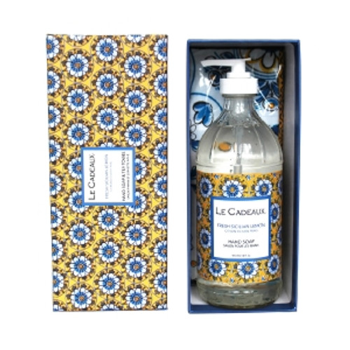 Le Cadeaux Boxed Gift Set Of Liquid Hand Wash 16.6 Oz/473 Ml With Matching Tea Towel - Fresh Sicilian Lemon (Benidorm)