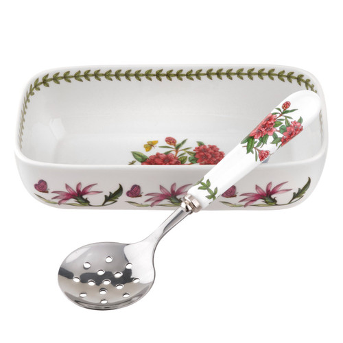 Portmeirion Botanic Garden Cranberry Dish with Slotted Spoon (Rhododendron)