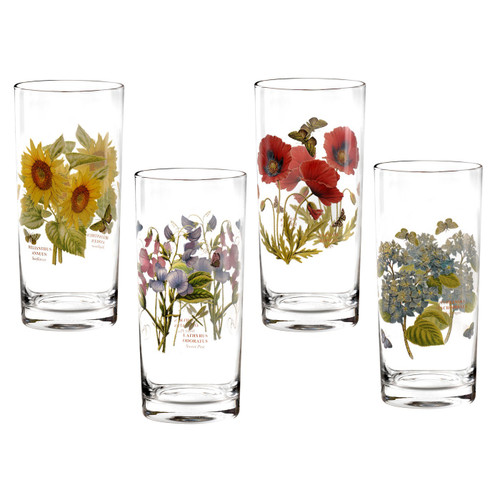 Portmeirion Botanic Garden Glassware (Set of 4) Highball Sunflower, Poppy, Hydrangea, Sweet Pea