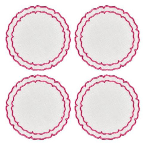 Skyros Designs Linho Scalloped Round Coaster Set of 4 - White / Fuschia