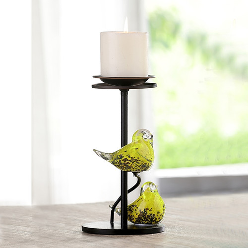 SPI Home Yellow Glass Bird Pair Pillar Candleholder