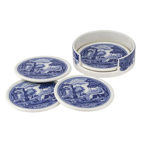 Spode Blue Italian Giftware & Accessories 4 Piece Ceramic Coaster Set with Holder