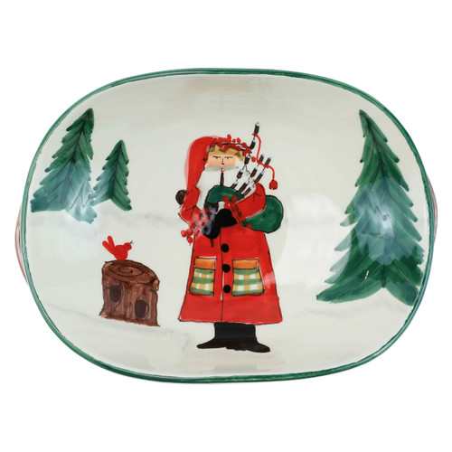 Vietri Old St. Nick Handled Shallow Oval Bowl - Santa with Bagpipes