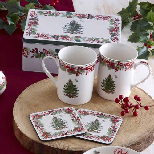Spode Christmas Tree Annual 2023 5 Piece Mug Tin & Coaster Set