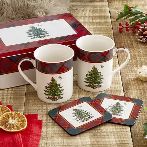 Spode Christmas Tree Tartan Collection Tartan 5 Piece Mug Tin & Coaster Set