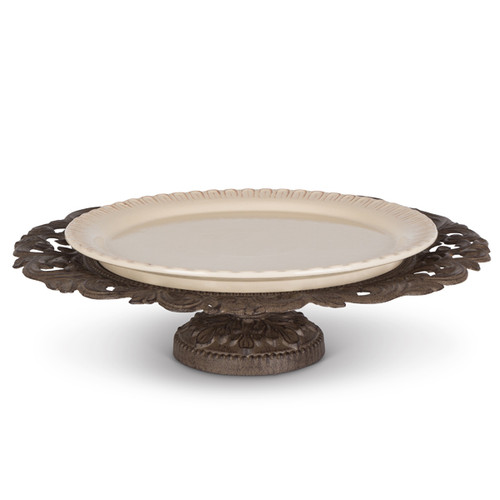 GG Collection Metal Acanthus Leaf Pedestal Server with Cream Stoneware Platter
