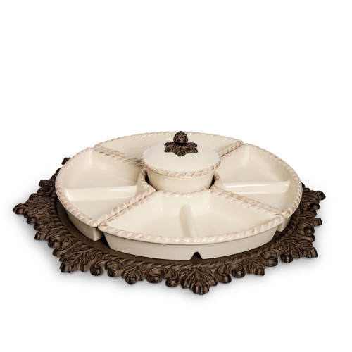 GG Collection Cream Stoneware Crudité Server with Acanthus Leaf Lazy Susan Base