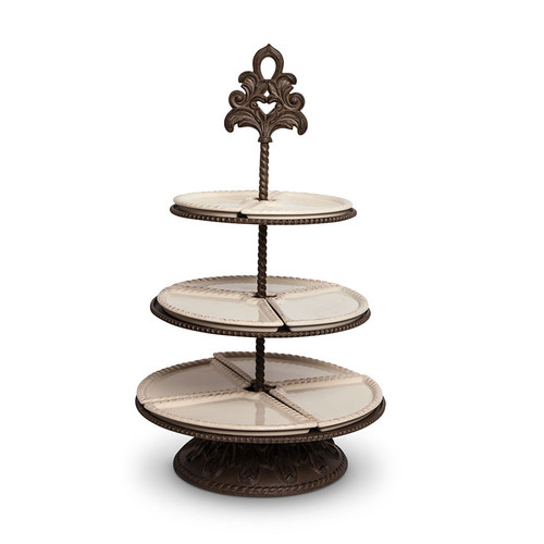 GG Collection Metal Acanthus Leaf Round 3-Tiered Server with Cream Stoneware Inserts
