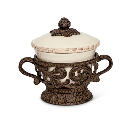 GG Collection Gracious Goods Cream Covered Bowl with Metal Holder