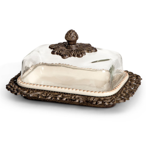 GG Collection Cream Ceramic Butter Dish with Glass Dome & Metal Tray