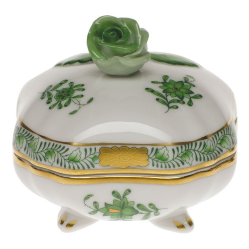 Herend Chinese Bouquet Green Covered Bonbon With Rose 3 inch Sq