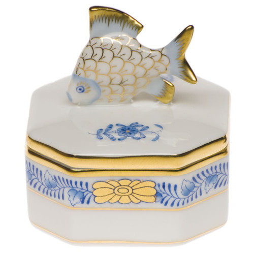 Herend Chinese Bouquet Blue Petite Octagonal Box - Fish 2 inch