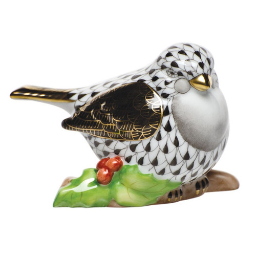 Herend Shaded Black Fishnet Figurine - Little Bird On Holly 3 inch L X 2 inch H
