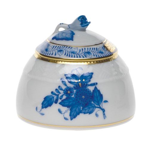 Herend Chinese Bouquet Blue Honey Pot With Rose 2.5 inch H