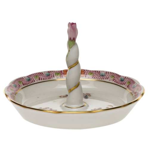 Herend Chinese Bouquet Multicolor Ring Holder With Rose Bud 4 inch L X 2