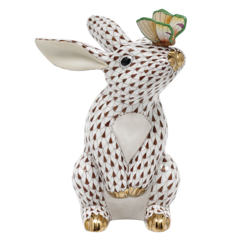 Herend Shaded Brown Fishnet Figurine - Bunny With Butterfly 4.5 inch L X 6.5 inch