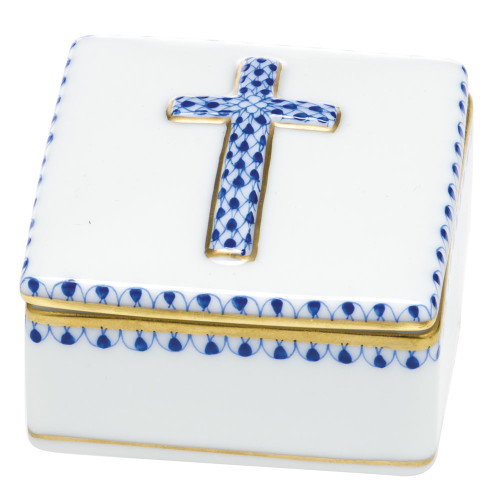 Herend Porcelain Fishnet Box Sapphire Prayer Box 2L X 1.5H