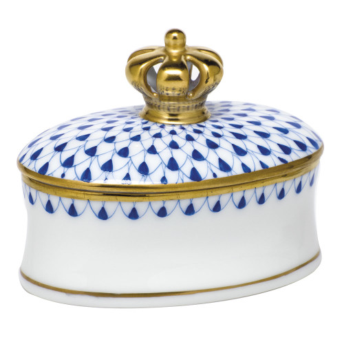 Herend Porcelain Fishnet Box Sapphire Box with Crown 2.75L X 2H