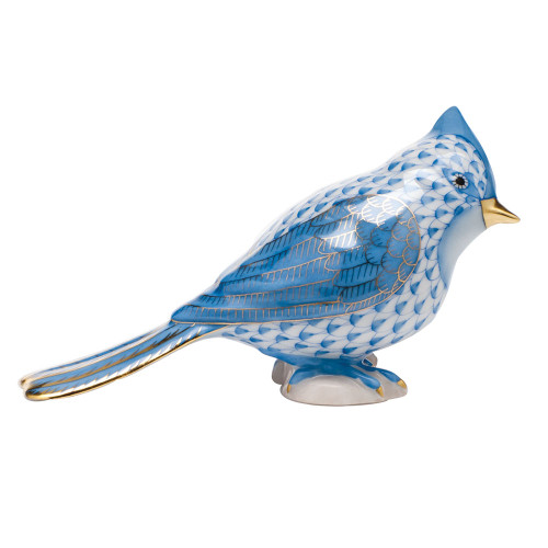 Herend Shaded Blue Fishnet Figurine - Tufted Titmouse 4.25 inch L X 2.5 inch H