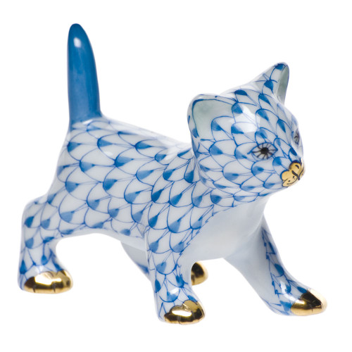 Herend Shaded Blue Fishnet Figurine - Strutting Kitty 2.25 inch L X 1.75 inch