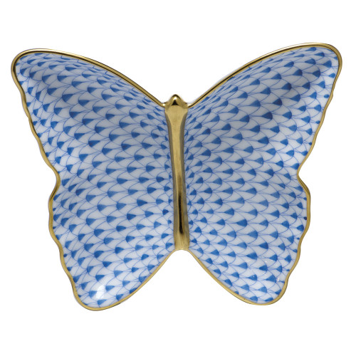 Herend Porcelain Fishnet Blue Butterfly Dish 4.25L X 1H