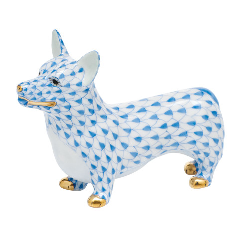 Herend Shaded Blue Fishnet Figurine - Corgi 3.25 inch L X 2.25 inch H