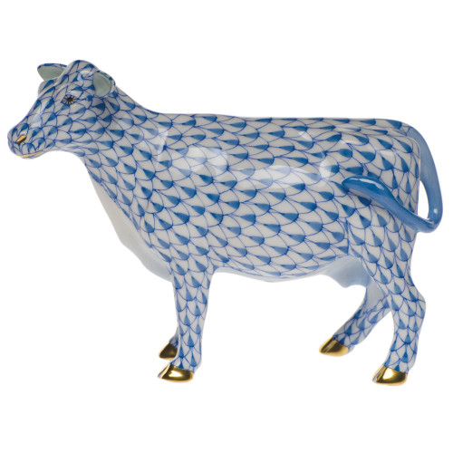 Herend Shaded Blue Fishnet Figurine - Cow 5 inch L X 4 inch H