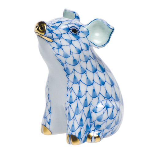 Herend Shaded Blue Fishnet Figurine - Little Pig Sitting 1.25 inch L X 1.