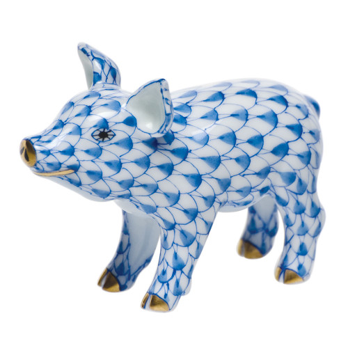 Herend Shaded Blue Fishnet Figurine - Little Pig Standing 2 inch L X 1.5 inch