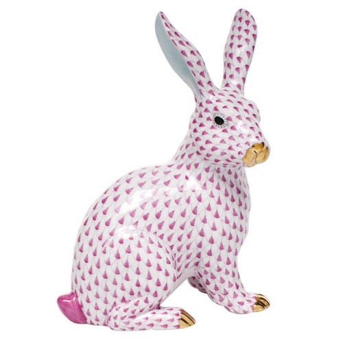 Herend Shaded Raspberry Fishnet Figurine - Large Sitting Bunny 5.75 inch L X 7