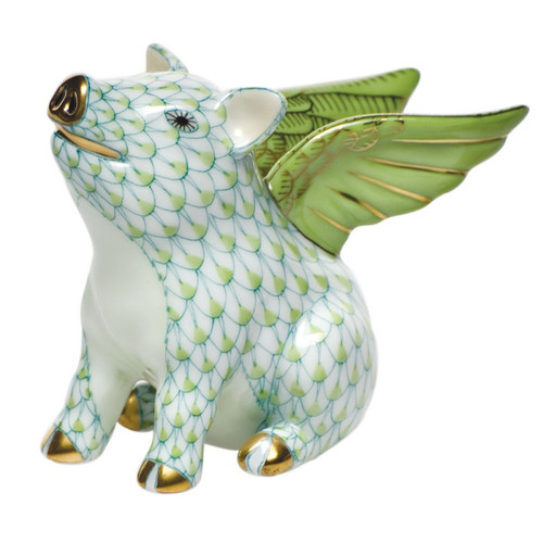 Herend Shaded Lime Fishnet Figurine - When Pigs Fly 3 inch L X 2.5 inch H