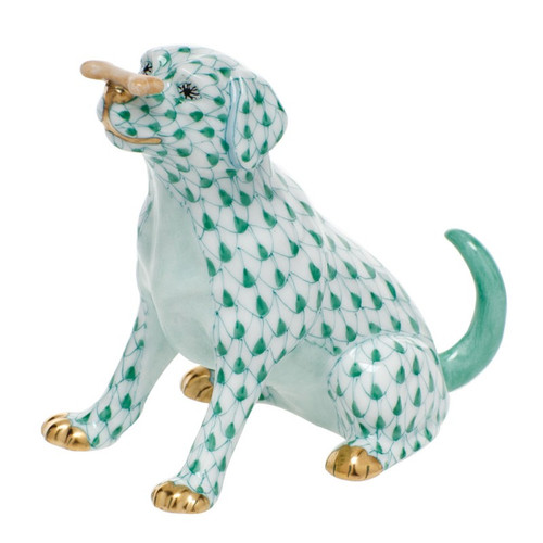 Herend Shaded Green Fishnet Figurine - Max With Bone 3.25 inch L X 3.25 inch H