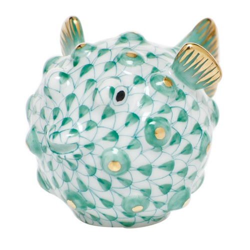 Herend Shaded Green Fishnet Figurine - Puffer Fish 2.25 inch L X 1.5 inch H