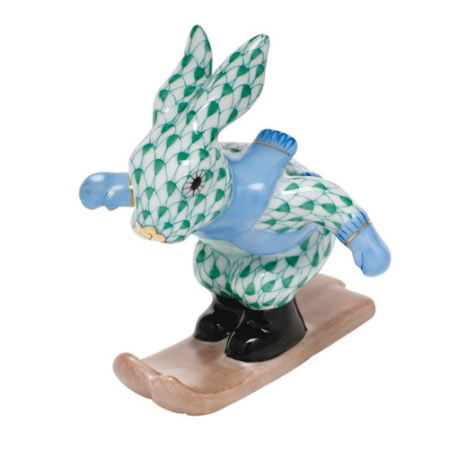 Herend Shaded Green Fishnet Figurine - Ski Bunny 2.75 inch L X 3 inch H
