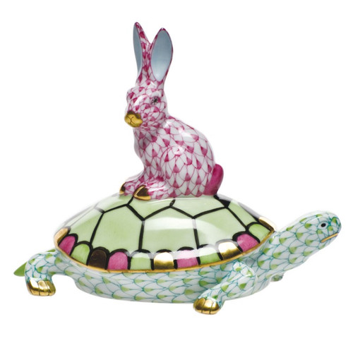 Herend Shaded Green Fishnet Figurine - Small Tortoise & Hare 4 inch