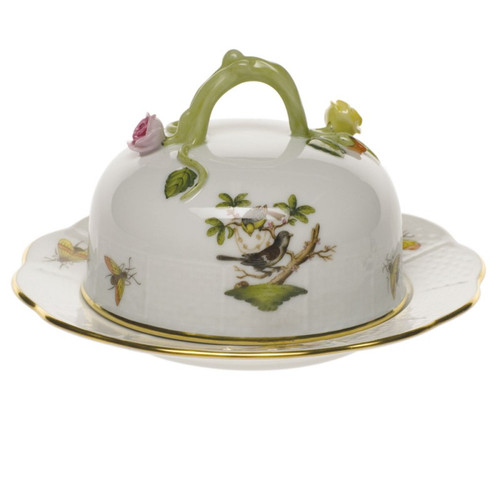 Herend Rothschild Bird Covered Butter Dish 6 inch D 3.5 inch H