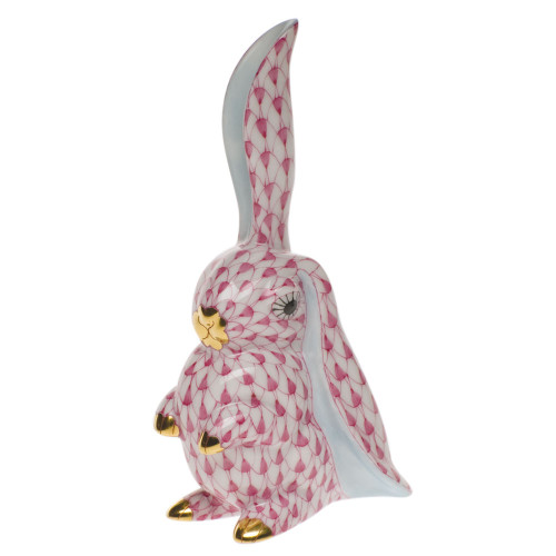 Herend Raspberry Fishnet Figurine - Rabbit With One Ear Up 3.75 inch H