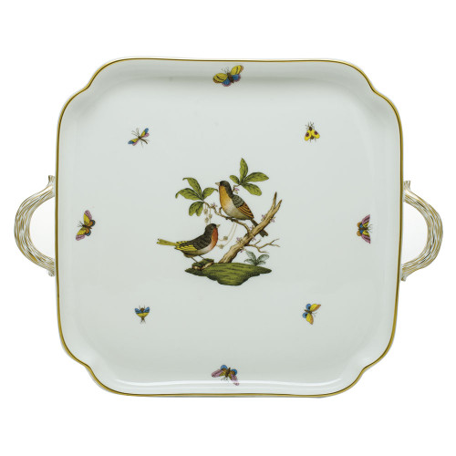 Herend Porcelain Rothschild Bird Square Tray with Handles 12.75L X 12.75W
