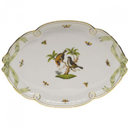 Herend Rothschild Bird Ribbon Tray With Green Ribbon 15.