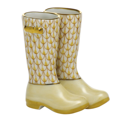 Herend Porcelain Shaded Butterscotch Pair Of Rain Boots 2.25L X 2.5H