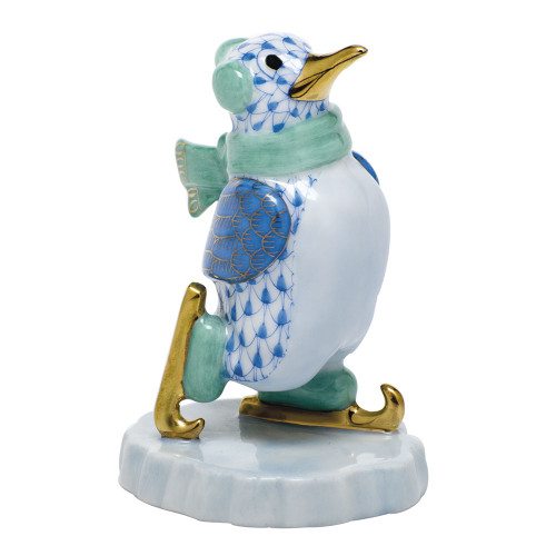 Herend Porcelain Shaded Blue Ice Skating Penguin 2.25L X 3H