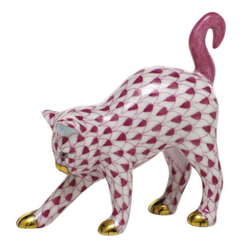 Herend Porcelain Shaded Raspberry Pink Arched Cat 2.25L X 2.25H