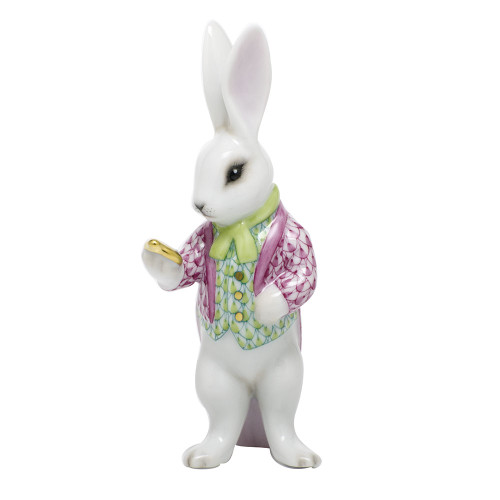 Herend Porcelain Shaded Multicolor White Rabbit with Raspberry Jacket 1.5L X 4H
