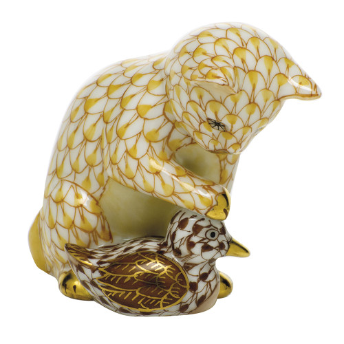Herend Porcelain Shaded Multicolor Butterscotch & Chocolate Kitten And Duckling 2.25L X 1.5W X 2.25H